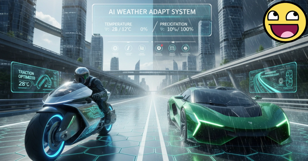 Futuristic motorbike and car adjusting automatically to changing weather with AI sensors and adaptive lights on a smart highway.
