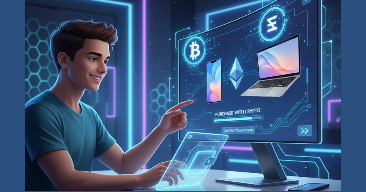 Person buying new tech gadgets online using cryptocurrency on a digital device