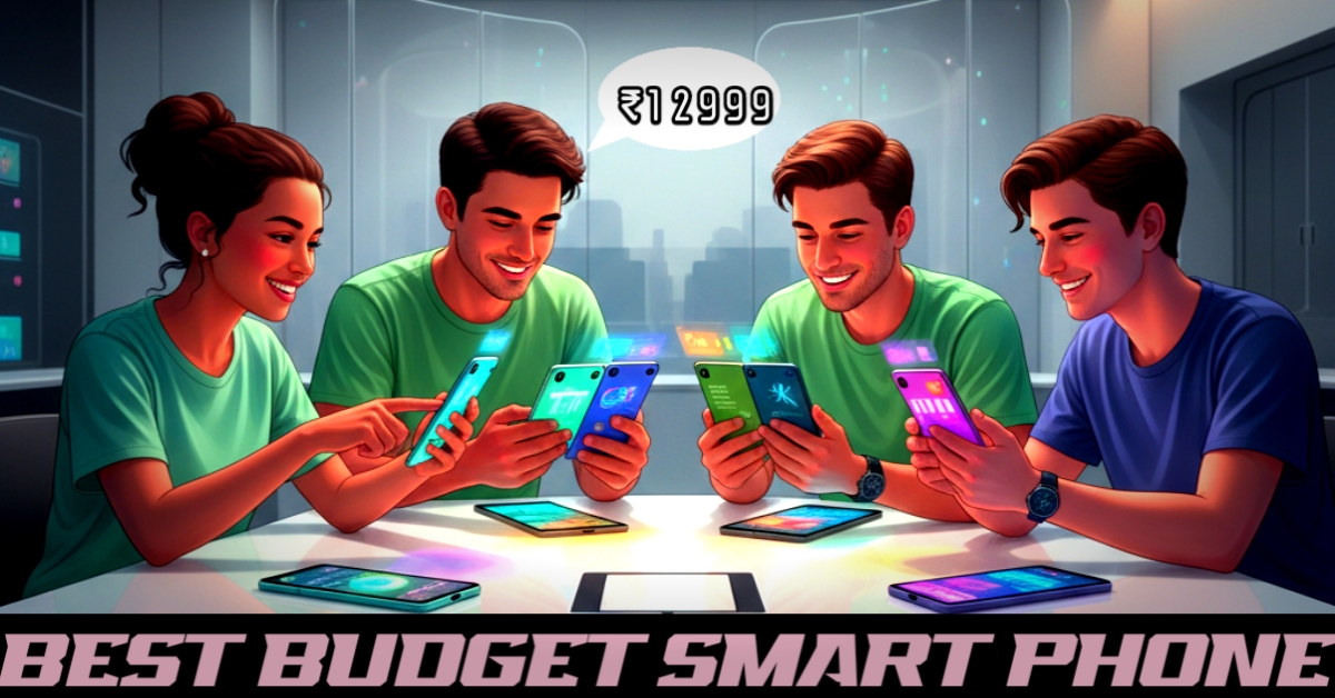 Tech enthusiasts comparing the best budget smartphones for 2025 on a modern table